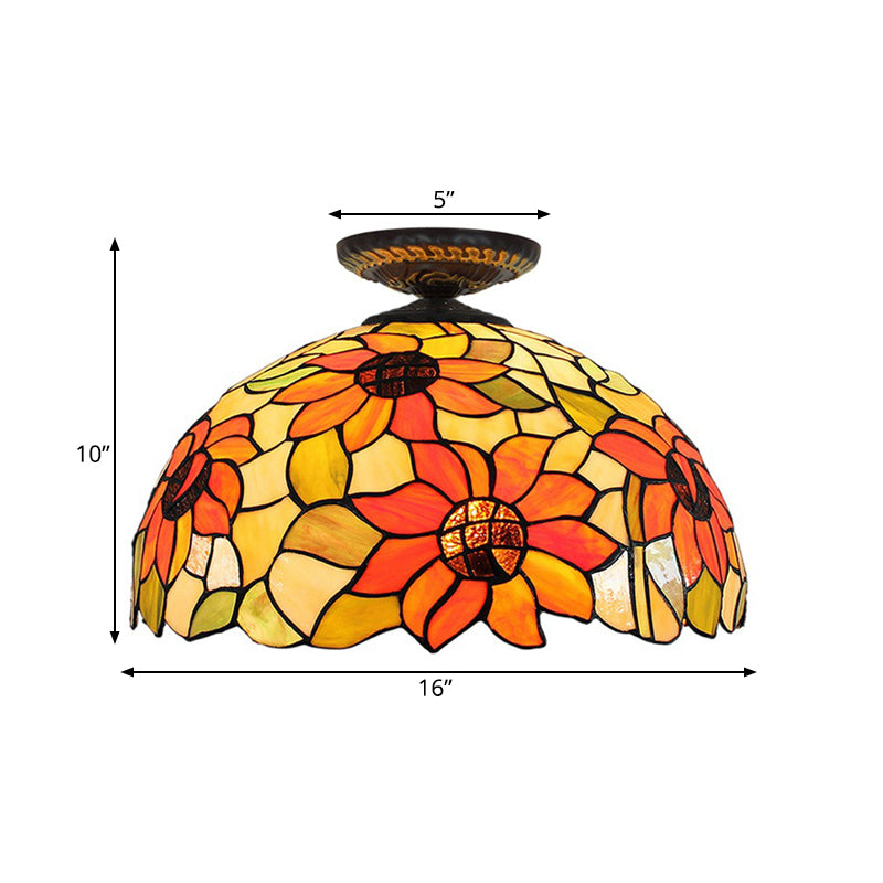 Sunflower Tiffany Stained Glass Ceiling Lamp - 1 Light, Brass Flush Mount