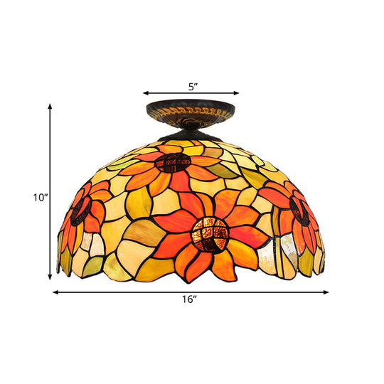 Sunflower Tiffany Stained Glass Ceiling Lamp - 1 Light, Brass Flush Mount