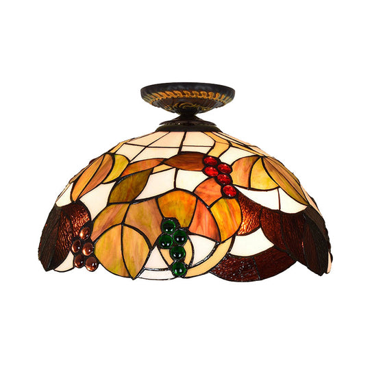 Grape Ceiling Lighting Tiffany Brass Stained Glass Flush Mount Light, 1-Light, 12"/16" Width