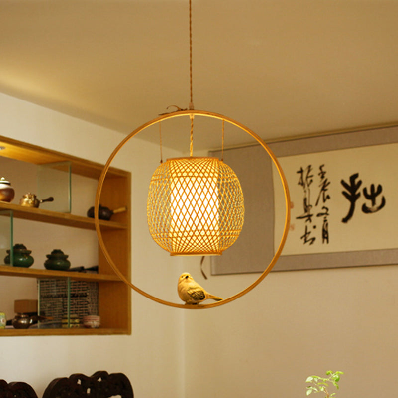 Bamboo Ceiling Light with Bird Deco: Modern Globe Hanging Lamp Kit in Beige