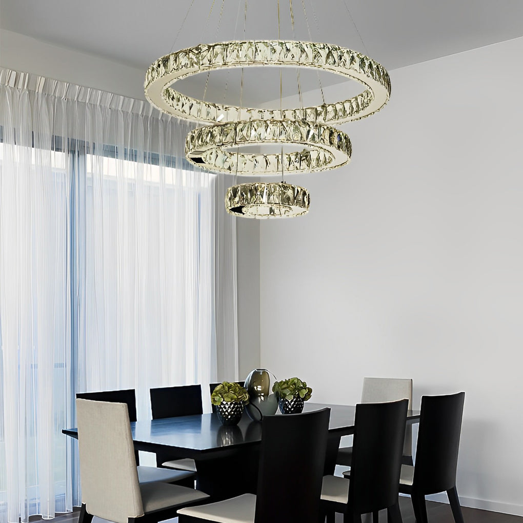 Luxury Crystal 3-Tier LED Chandelier – Geometric or Stacked Ring Pendant Light