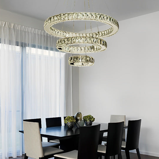 Luxury Crystal 3-Tier LED Chandelier – Geometric or Stacked Ring Pendant Light