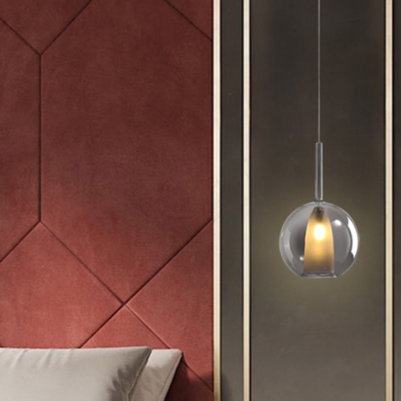 Modern Spherical Hanging Pendant Light - Smoke Gray/Clear Glass, 1 Bulb, 6"/7" Wide