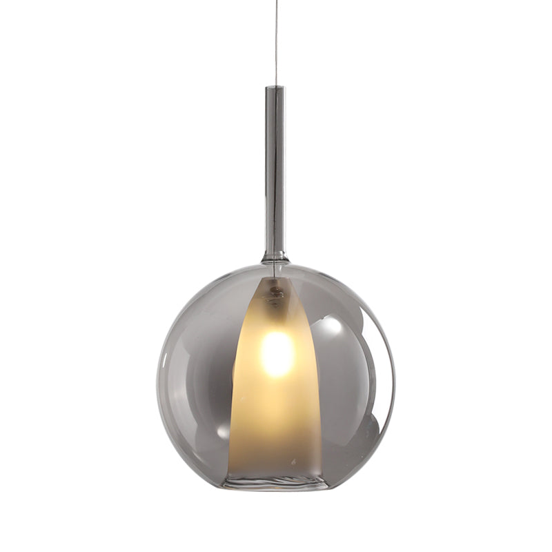 Modern Spherical Hanging Pendant Light - Smoke Gray/Clear Glass, 1 Bulb, 6"/7" Wide