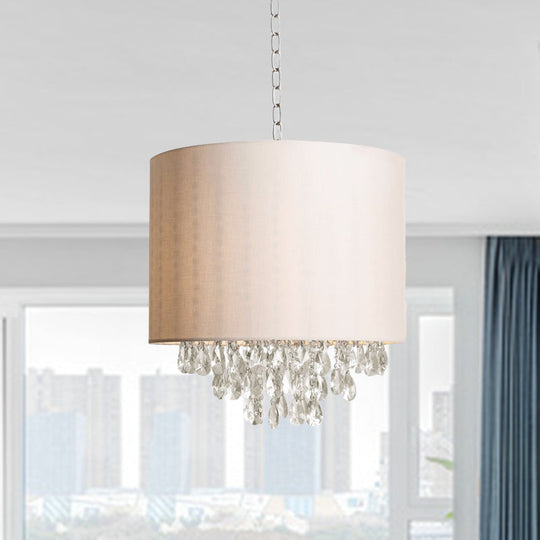 Modern Cylinder Fabric Pendant Chandelier with Crystal Drops - Beige Hanging Light (3/4 Heads)
