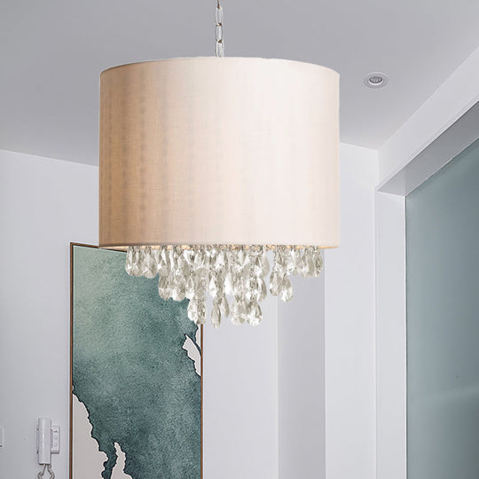 Modern Cylinder Fabric Pendant Chandelier with Crystal Drops - Beige Hanging Light (3/4 Heads)