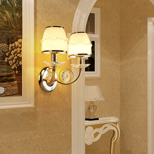 1/2-Bulb Curving Wall Light - Classic White Metal LED Wall Lamp with Crystal Accent