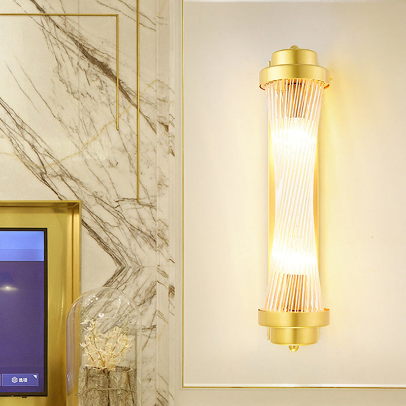 Vintage Gold Cylinder Wall Sconce with Clear Glass and Dual LED Lights for Bedroom