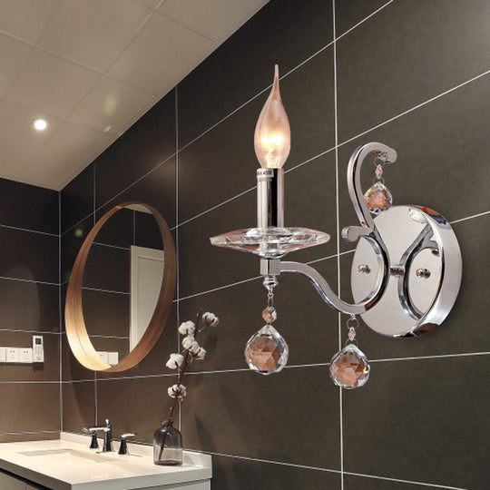 Retro Metal Candelabra Sconce with Crystal Ball and LED Wall Lighting in Chrome for Living Room
