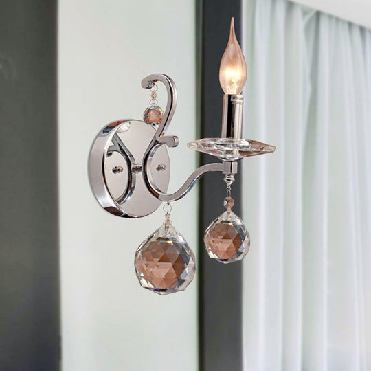Retro Metal Candelabra Sconce with Crystal Ball and LED Wall Lighting in Chrome for Living Room