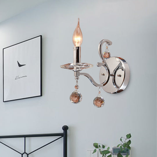 Retro Metal Candelabra Sconce with Crystal Ball and LED Wall Lighting in Chrome for Living Room