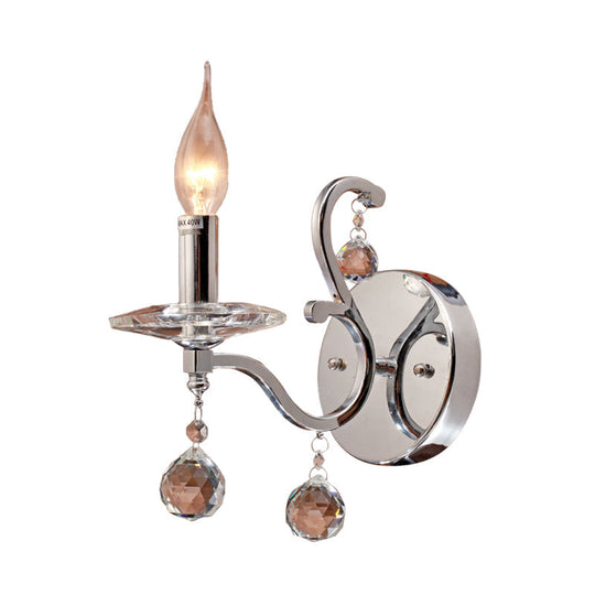 Retro Metal Candelabra Sconce with Crystal Ball and LED Wall Lighting in Chrome for Living Room