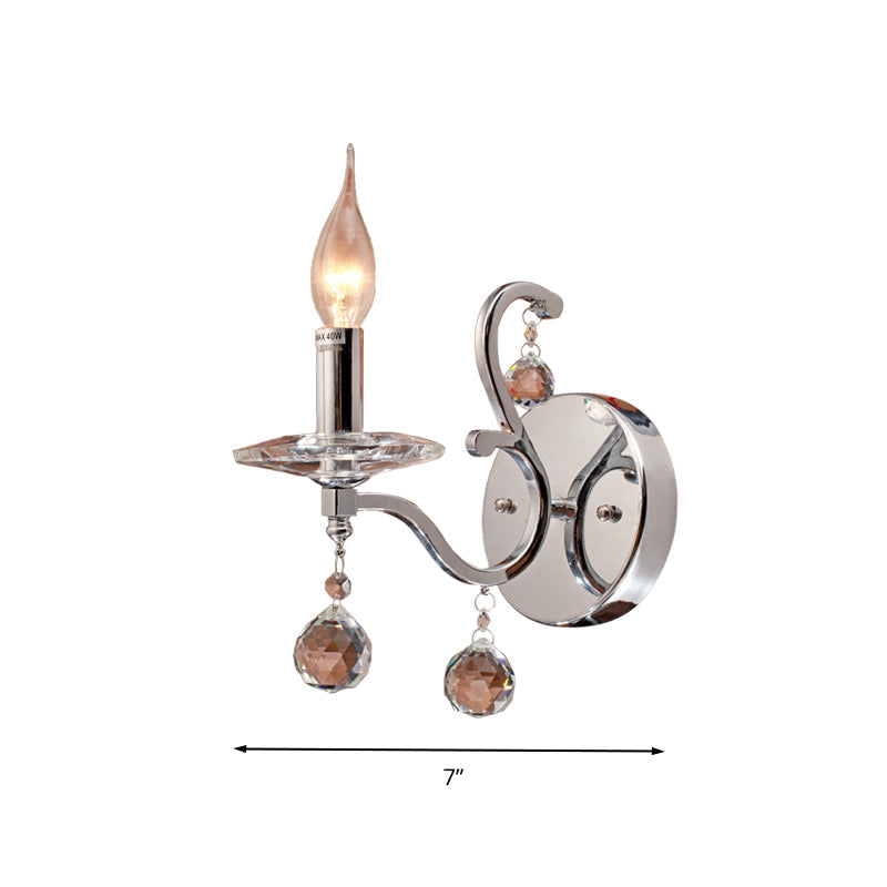 Retro Metal Candelabra Sconce with Crystal Ball and LED Wall Lighting in Chrome for Living Room