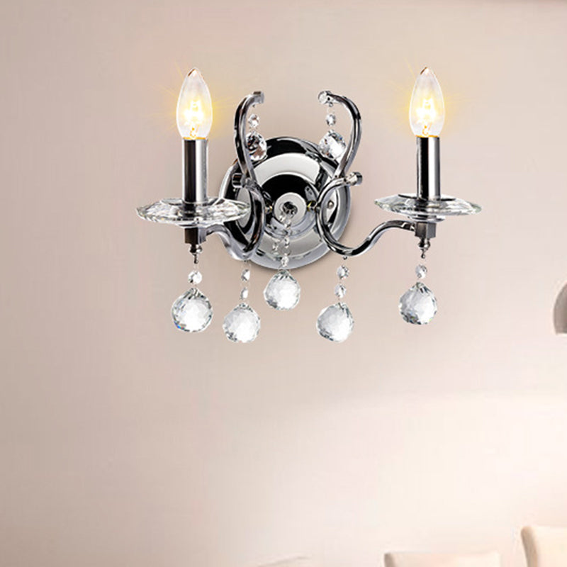Retro Metal Candelabra Sconce with Crystal Ball and LED Wall Lighting in Chrome for Living Room