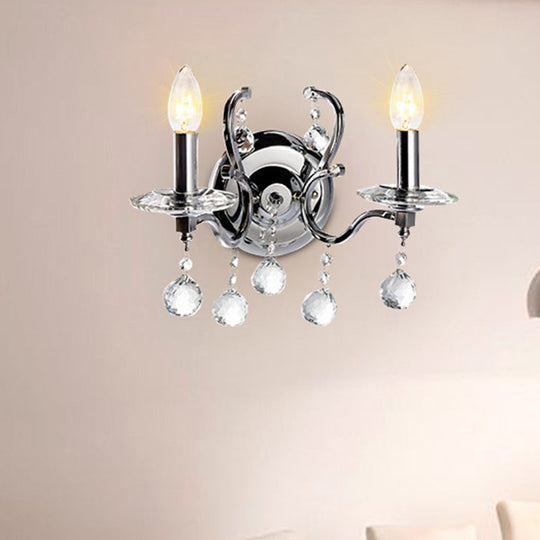 Retro Metal Candelabra Sconce with Crystal Ball and LED Wall Lighting in Chrome for Living Room