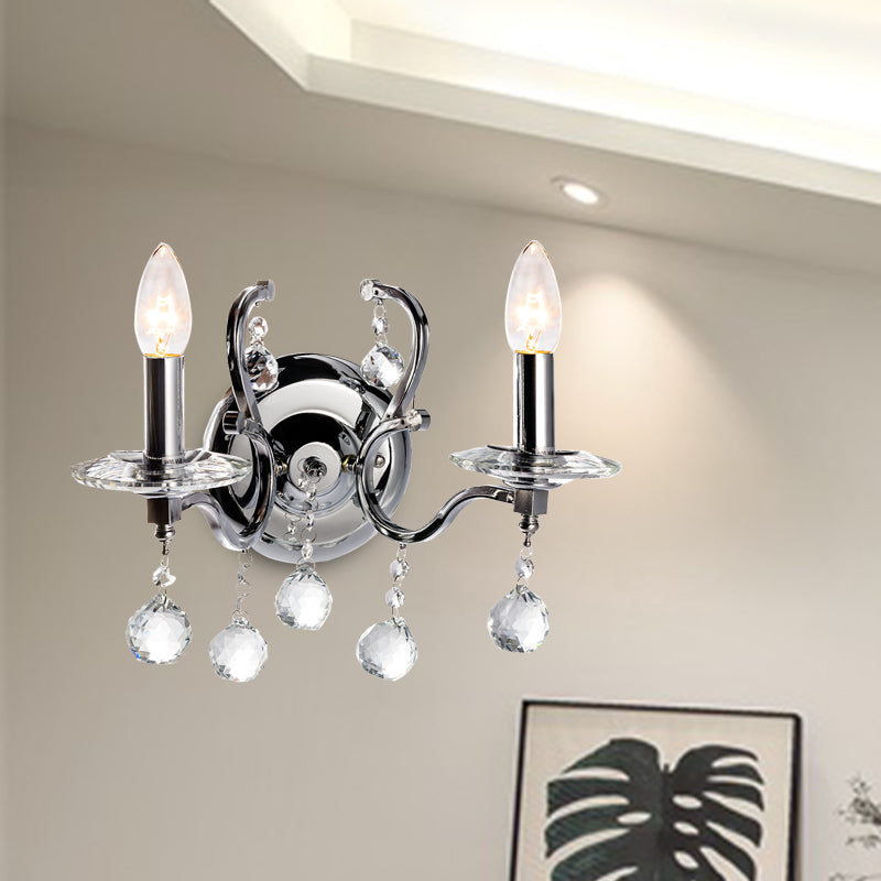 Retro Metal Candelabra Sconce with Crystal Ball and LED Wall Lighting in Chrome for Living Room