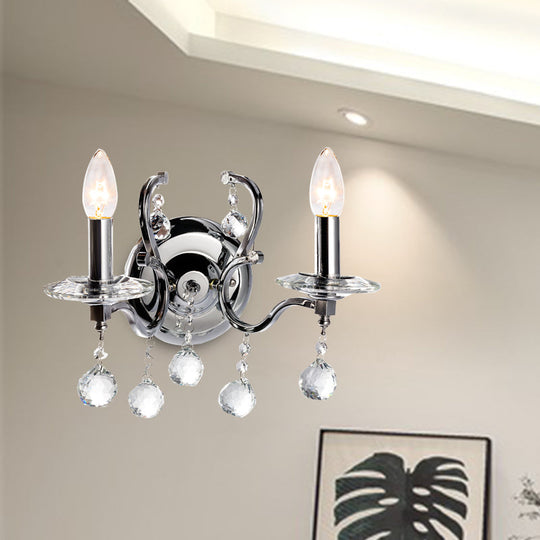 Retro Metal Candelabra Sconce with Crystal Ball and LED Wall Lighting in Chrome for Living Room
