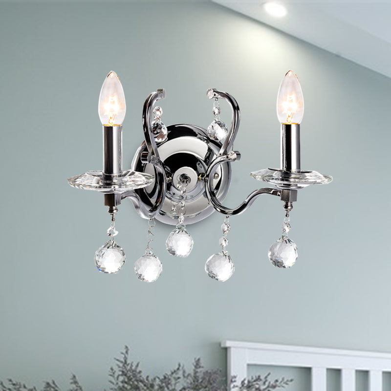 Retro Metal Candelabra Sconce with Crystal Ball and LED Wall Lighting in Chrome for Living Room