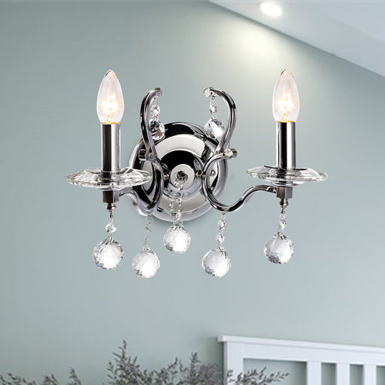 Retro Metal Candelabra Sconce with Crystal Ball and LED Wall Lighting in Chrome for Living Room