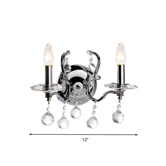 Retro Metal Candelabra Sconce with Crystal Ball and LED Wall Lighting in Chrome for Living Room