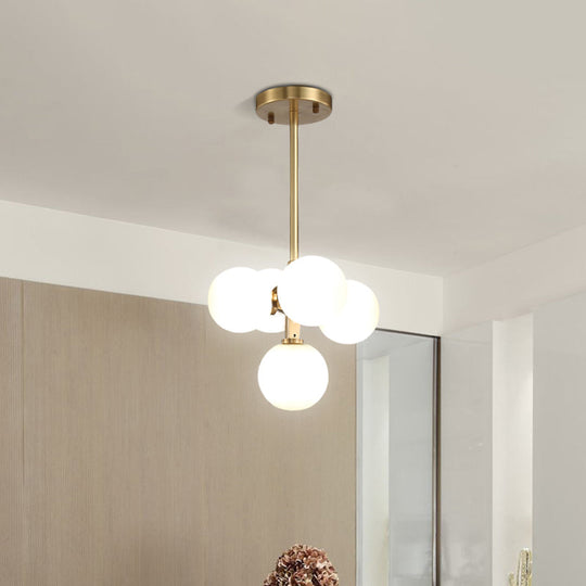 Modern Brass Round Hanging Chandelier with 5 White Frosted Glass LED Pendant Lights