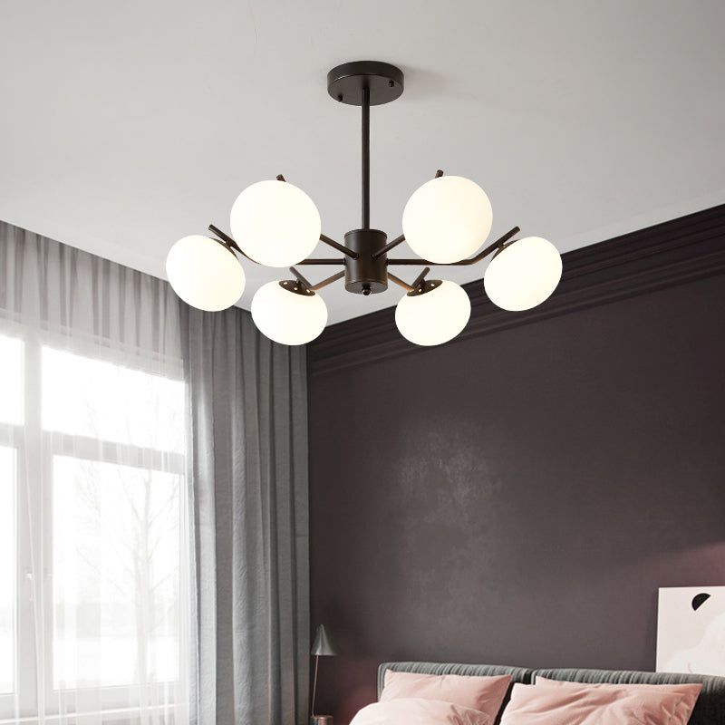Modern Black/Coffee Ball Hanging Chandelier - Opal Frosted Glass Pendant Ceiling Light for Bedroom (3/6 Bulbs)