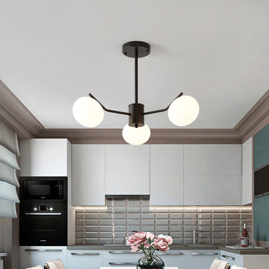 Modern Black/Coffee Ball Hanging Chandelier - Opal Frosted Glass Pendant Ceiling Light for Bedroom (3/6 Bulbs)