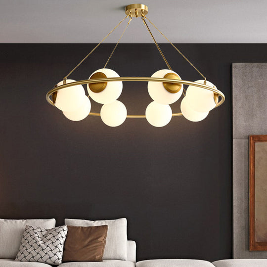 Modern Opal Glass Ball Chandelier - 8-Head Brass Hanging Ceiling Lamp with Elegant Ring Design