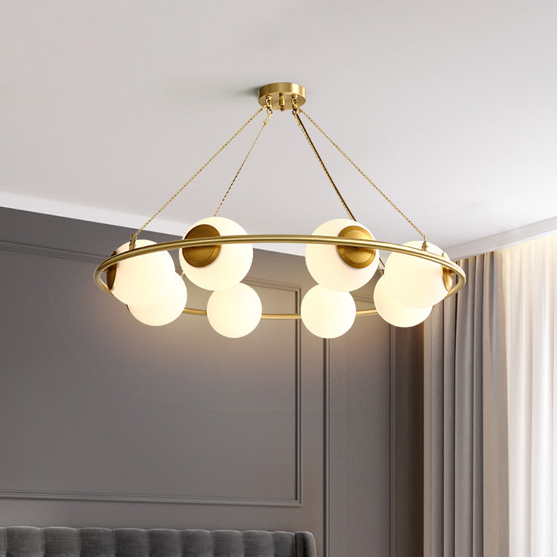 Modern Opal Glass Ball Chandelier - 8-Head Brass Hanging Ceiling Lamp with Elegant Ring Design