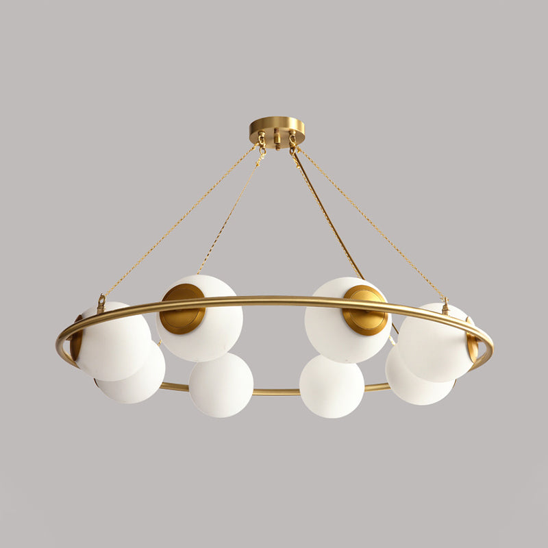 Modern Opal Glass Ball Chandelier - 8-Head Brass Hanging Ceiling Lamp with Elegant Ring Design