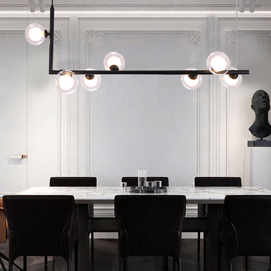Modern Clear Glass Island Lighting - 7-Light LED Pendant Lamp in Black with Right Angle Arm