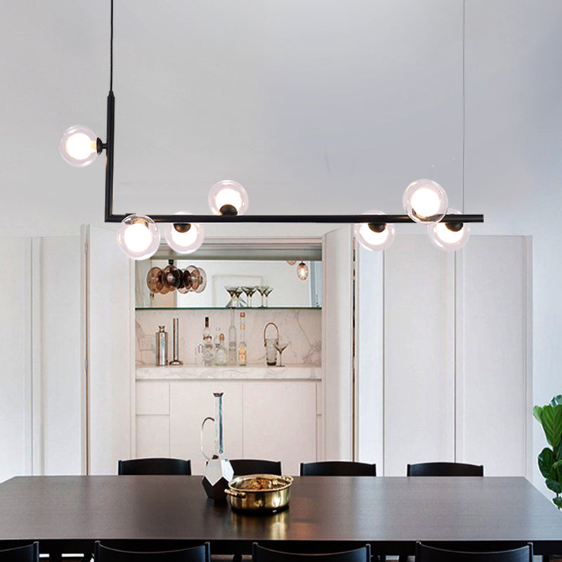 Modern Clear Glass Island Lighting - 7-Light LED Pendant Lamp in Black with Right Angle Arm