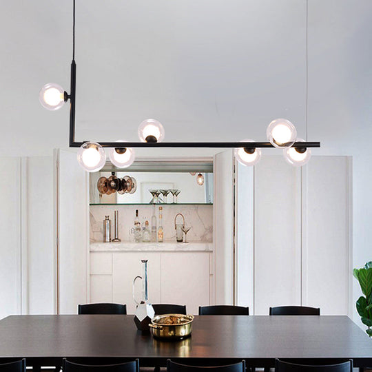 Modern Clear Glass Island Lighting - 7-Light LED Pendant Lamp in Black with Right Angle Arm