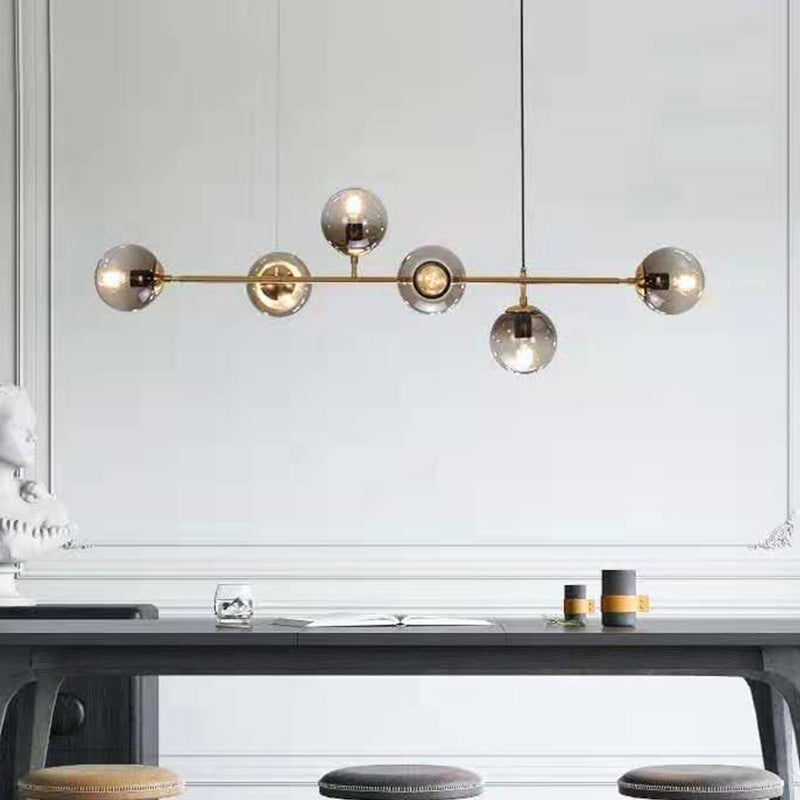 Smoke Gray Glass Hanging Pendant Light with Gold Finish - Modern Linear Design - 6 Head - Global