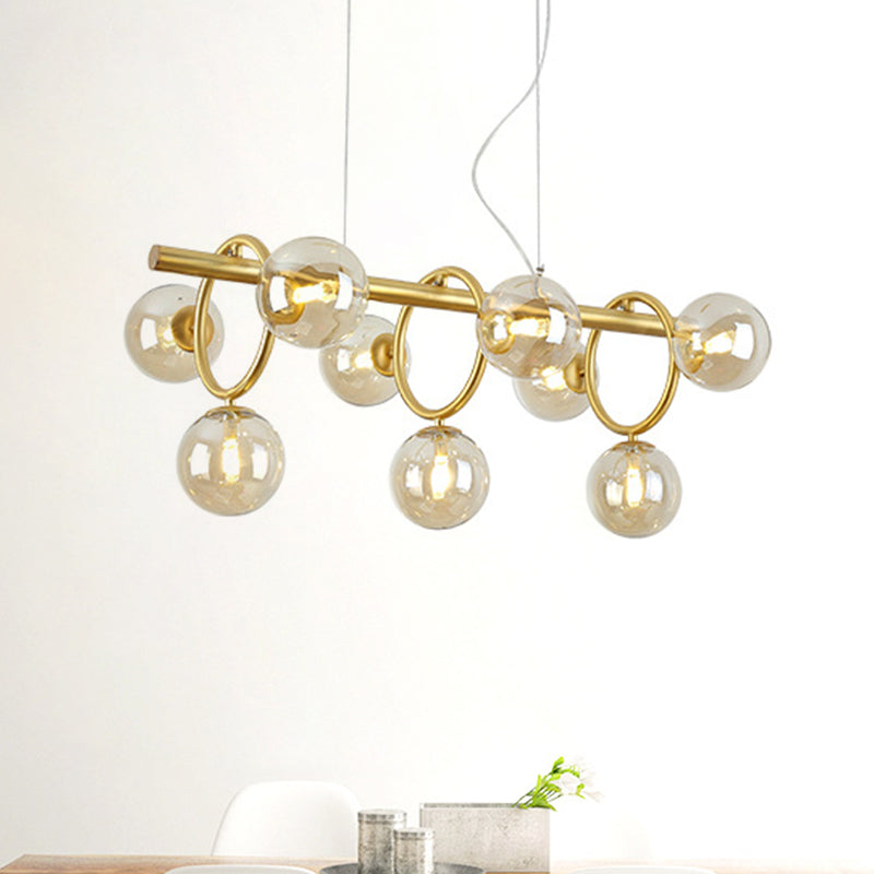 Modern Gold Round Pendant Lighting - 9 Bulb Cognac Glass LED Island Lamp with Linear Design