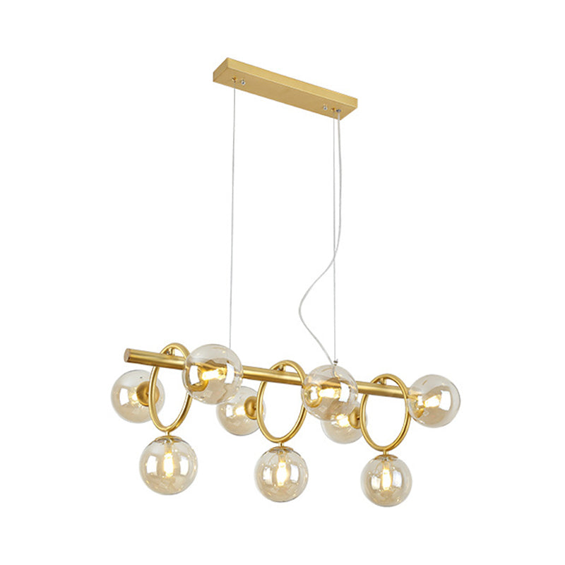 Modern Gold Round Pendant Lighting - 9 Bulb Cognac Glass LED Island Lamp with Linear Design