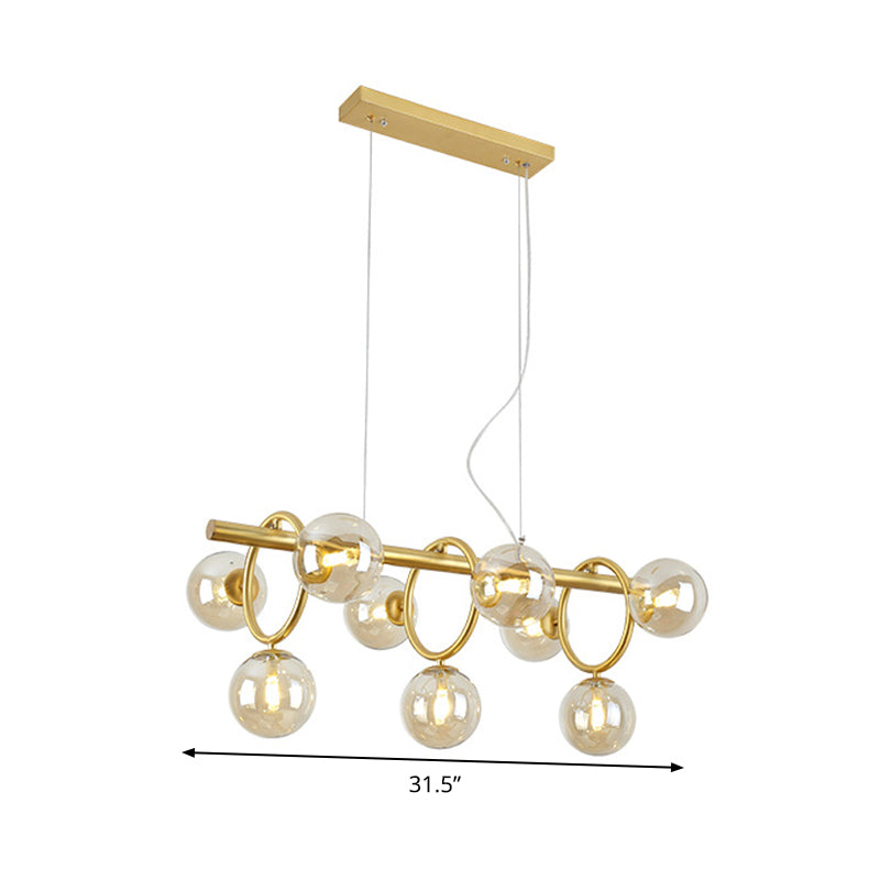 Modern Gold Round Pendant Lighting - 9 Bulb Cognac Glass LED Island Lamp with Linear Design