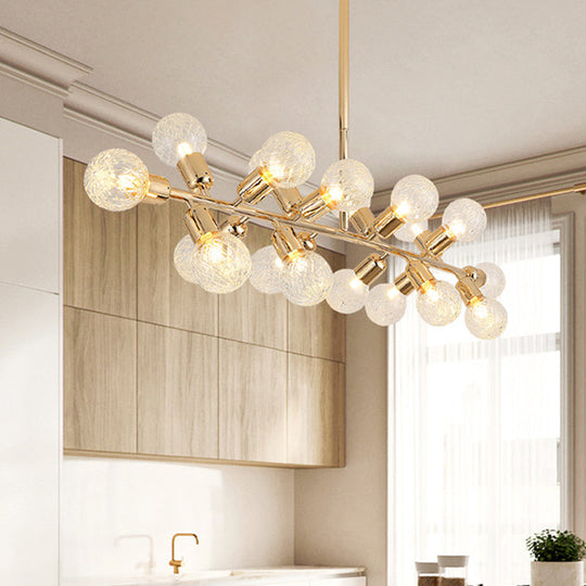 Contemporary Gold Linear LED Island Lighting - 18 Lights Hanging Ceiling Lamp with Ribbing Glass Shade
