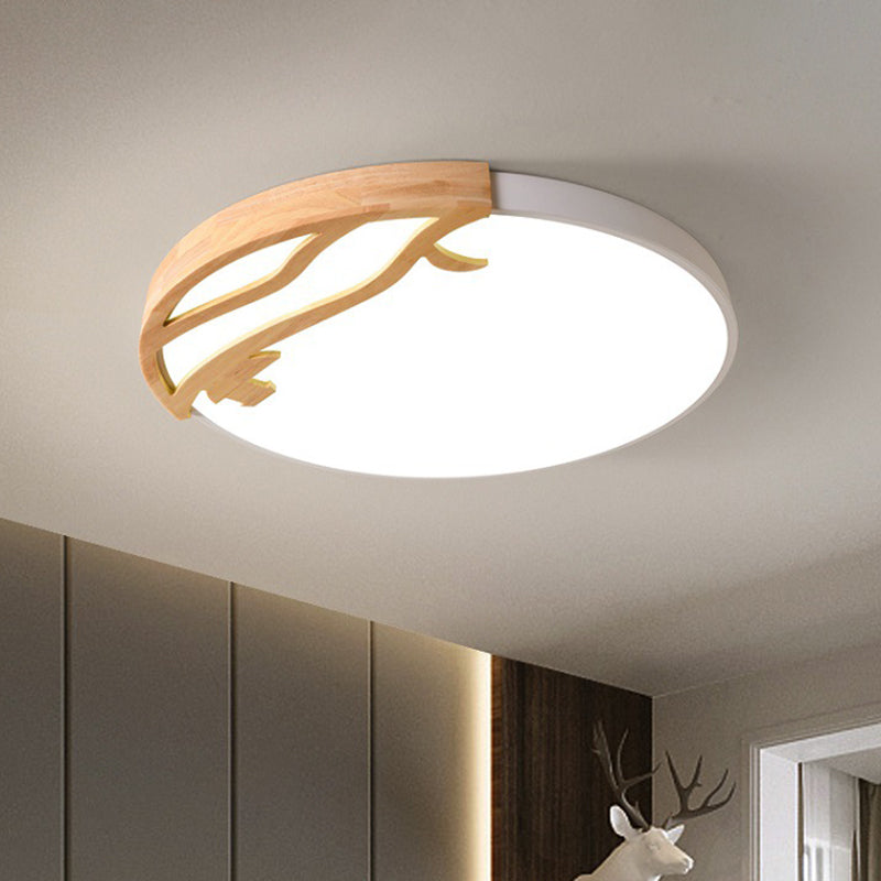 Modern LED Flush Mount Ceiling Light with Wood Frame and Acrylic Diffuser (White/Warm Light, 16"/19.5" Diameter)