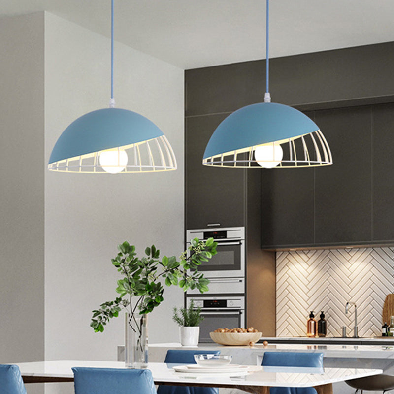 Modern Metal Pendant Light with Domed Shade - Black/Blue/Green for Dining Room