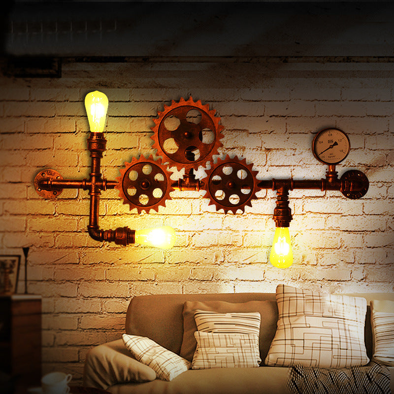 Industrial Open Bulb Wall Mounted Pipe Light 3-Light Sconce, Weathered Copper, Gear Design