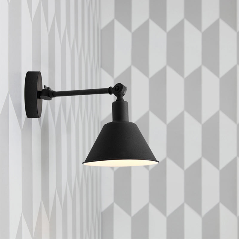 Industrial-Style Cone Metal Wall Hanging Light - 1-Light Bedroom Sconce Lamp in White/Black