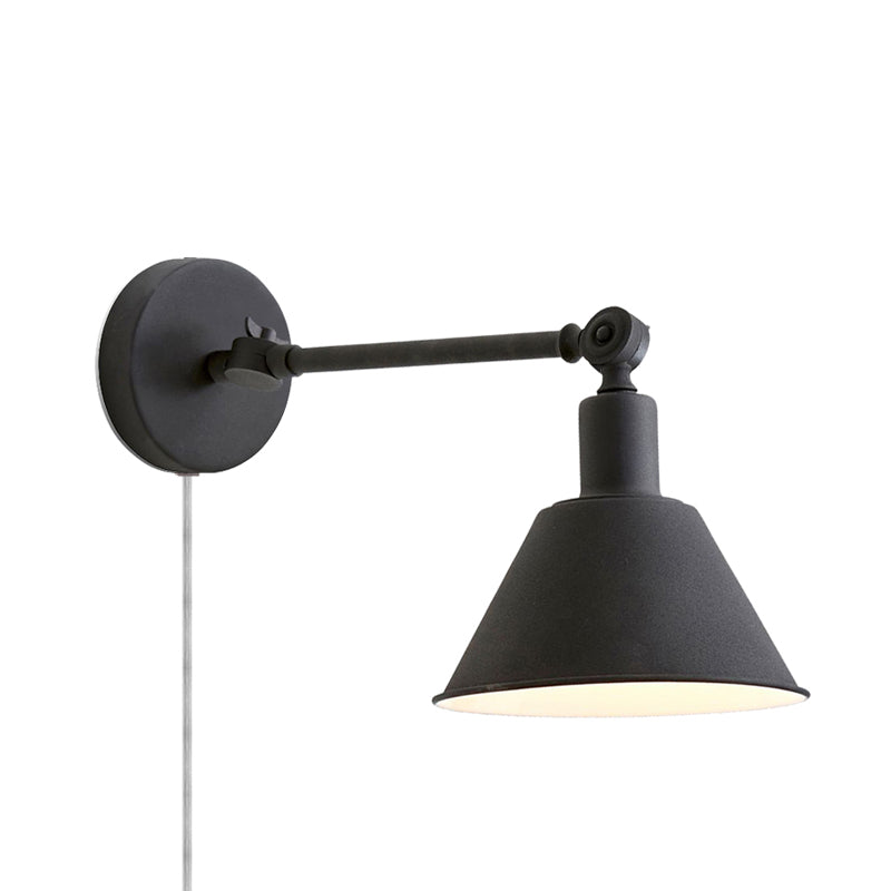 Industrial-Style Cone Metal Wall Hanging Light - 1-Light Bedroom Sconce Lamp in White/Black
