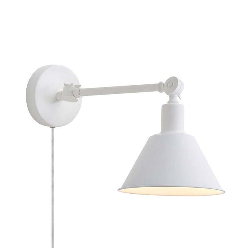 Industrial-Style Cone Metal Wall Hanging Light - 1-Light Bedroom Sconce Lamp in White/Black