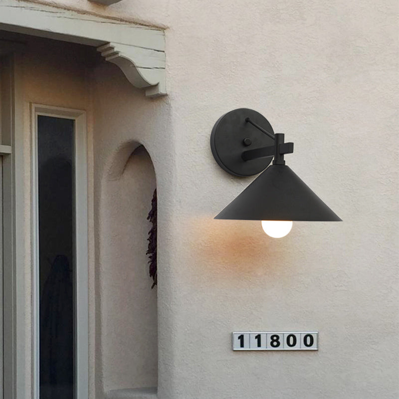 Outdoor Metal Cone Wall Hanging Light: Vintage 1-Light Sconce Fixture in Black/Antique Brass/Silver