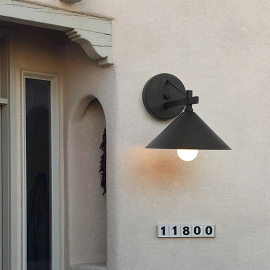 Outdoor Metal Cone Wall Hanging Light: Vintage 1-Light Sconce Fixture in Black/Antique Brass/Silver