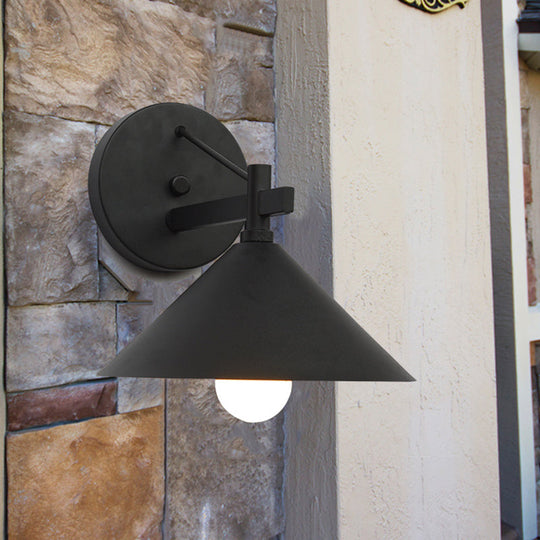 Outdoor Metal Cone Wall Hanging Light: Vintage 1-Light Sconce Fixture in Black/Antique Brass/Silver