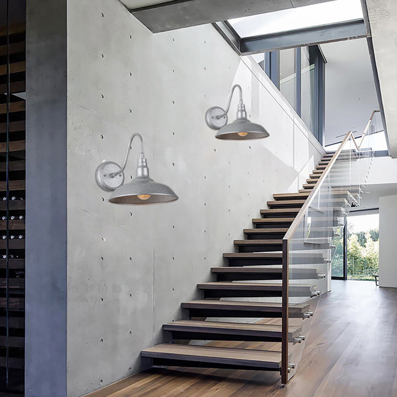 Industrial Silver Metal Outdoor Wall Sconce - 10"/14" Wide 1-Light Domed Fixture