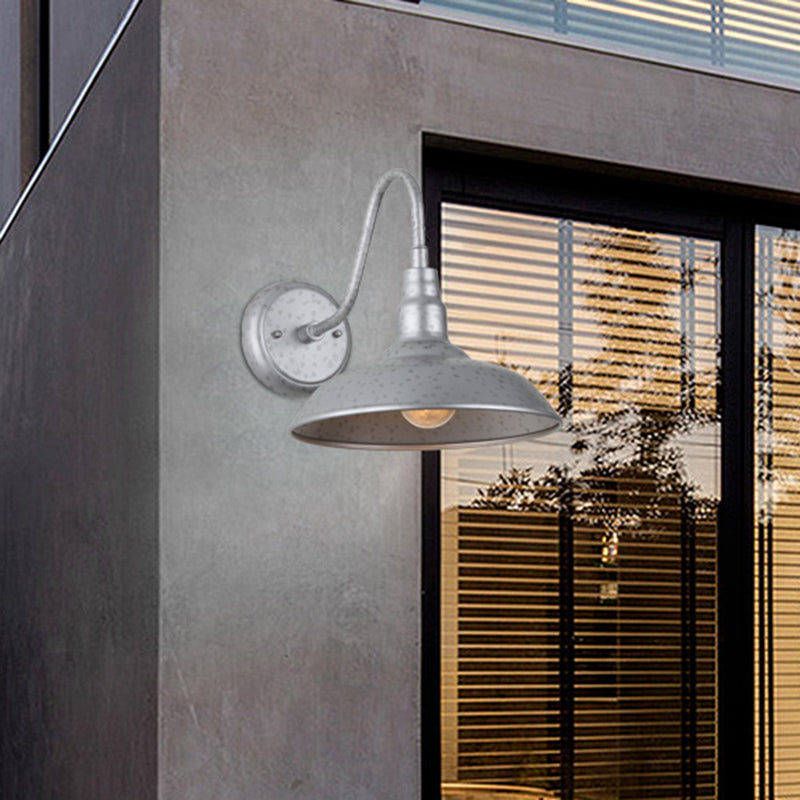 Industrial Silver Metal Outdoor Wall Sconce - 10"/14" Wide 1-Light Domed Fixture