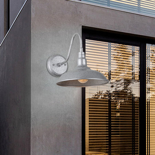 Industrial Silver Metal Outdoor Wall Sconce - 10"/14" Wide 1-Light Domed Fixture
